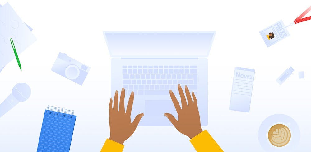 illustration of a person's hands typing on a laptop surrounded by a messy desk